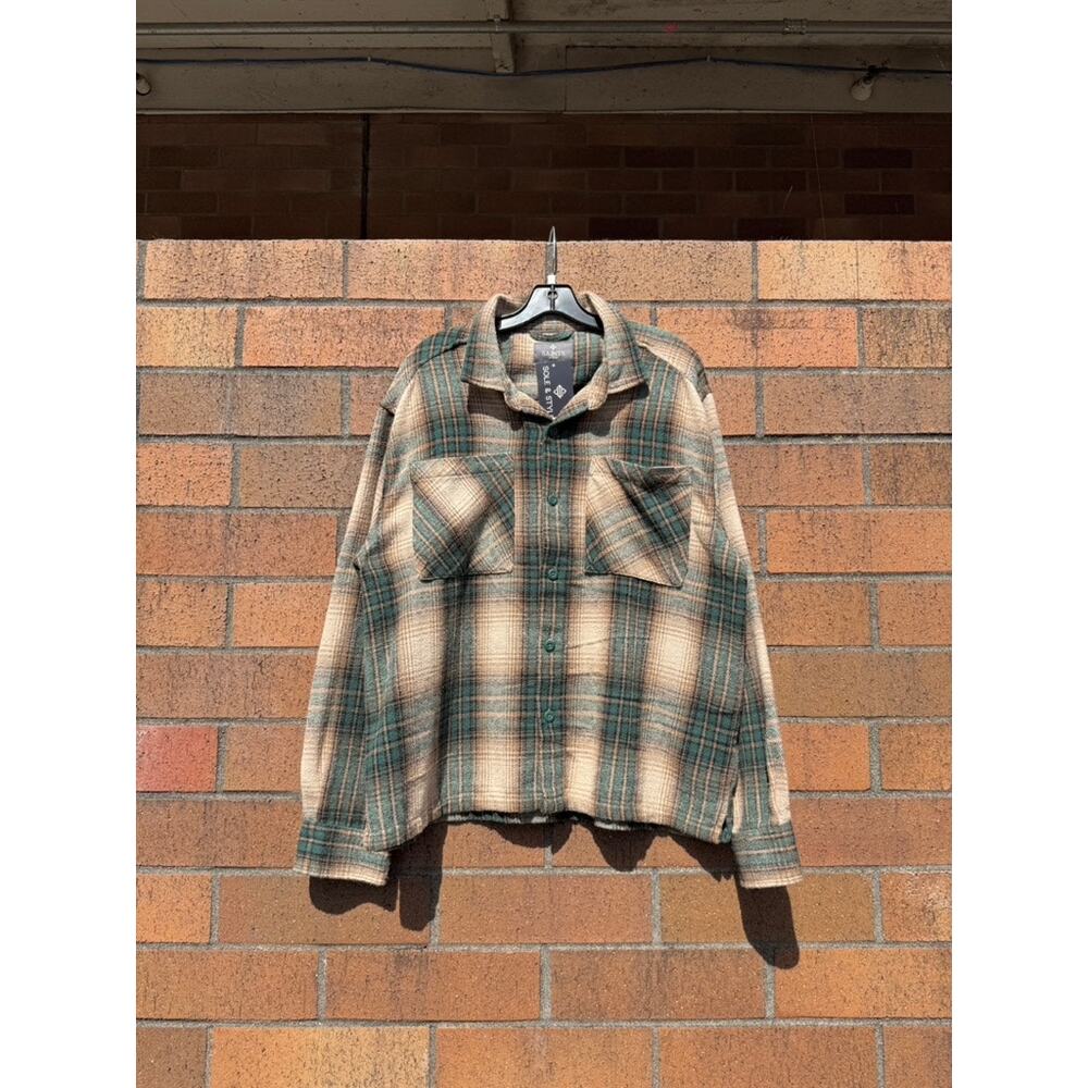 Saints Studio Tan Green Vintage Earth Tone Plaid Flannel Shirt Jacket Shacket